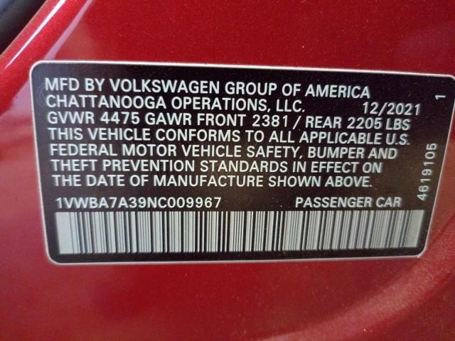 2022 VOLKSWAGEN PASSAT LIM 1VWBA7A39NC009967