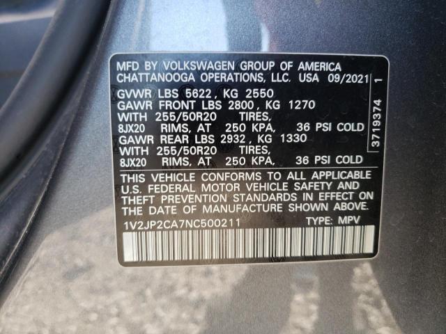 VIN: 1V2JP2CA7NC500211 Auction: COPART Lot: 64791182 Location: TN - MEMPHIS 1V2JP2CA7NC500211 VOLKSWAGEN ATLAS 2022 GRAY Photo 10