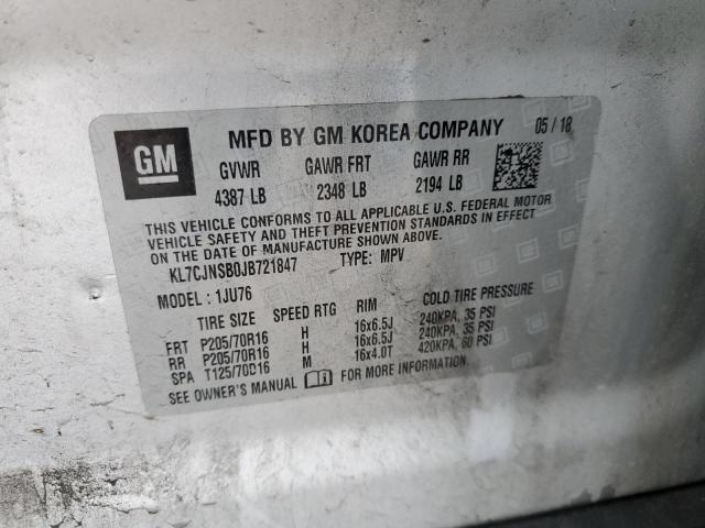 VIN: KL7CJNSB0JB721847 Auction: COPART Lot: 64558752 Location: MI - DETROIT KL7CJNSB0JB721847 CHEVROLET TRAX 2018 SILVER Photo 10