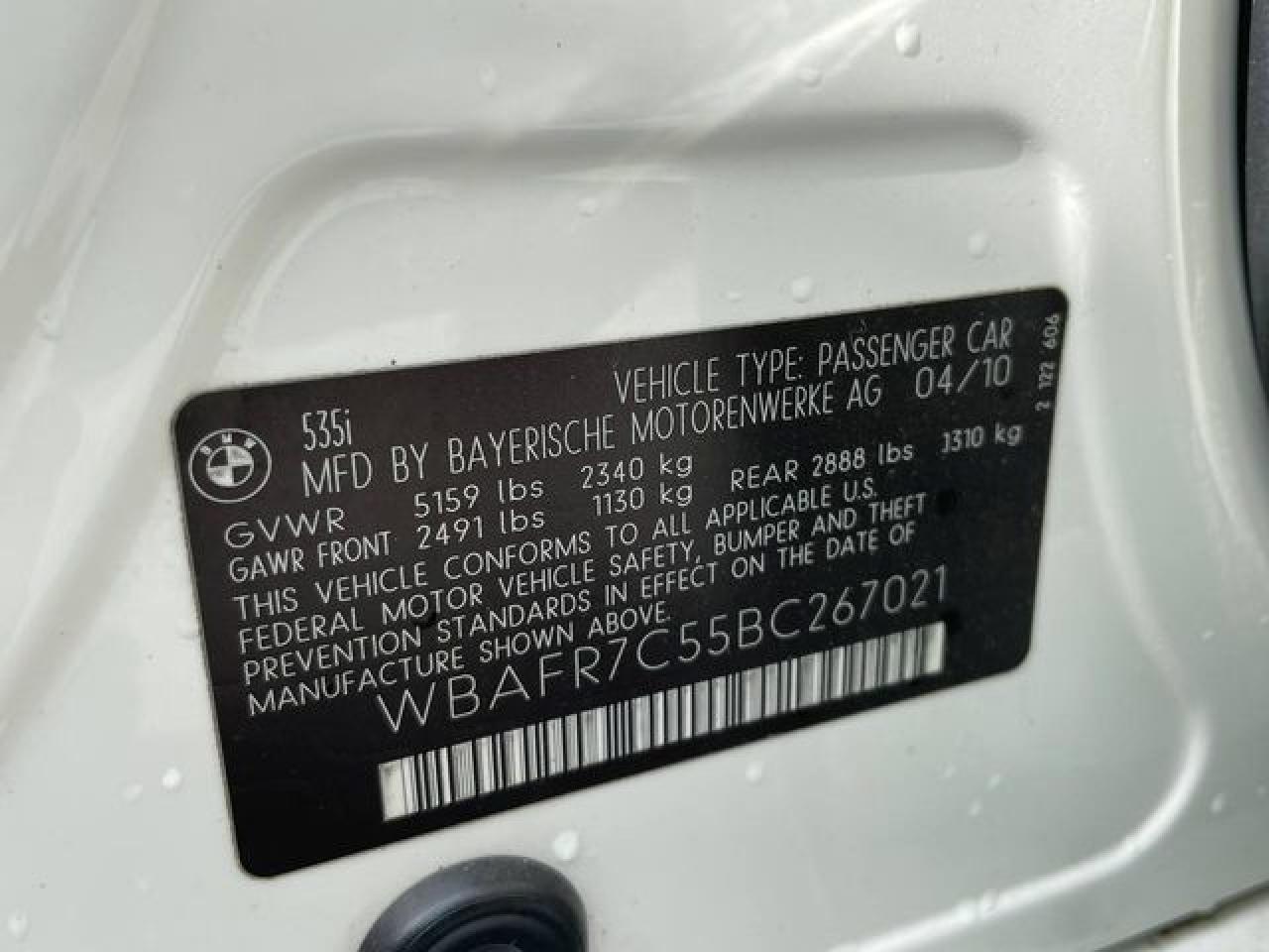2011 BMW 535 I VIN: WBAFR7C55BC267021 Lot: 65654872