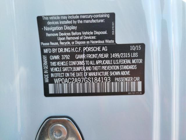 2016 PORSCHE 911 GT3 WP0AC2A97GS184193