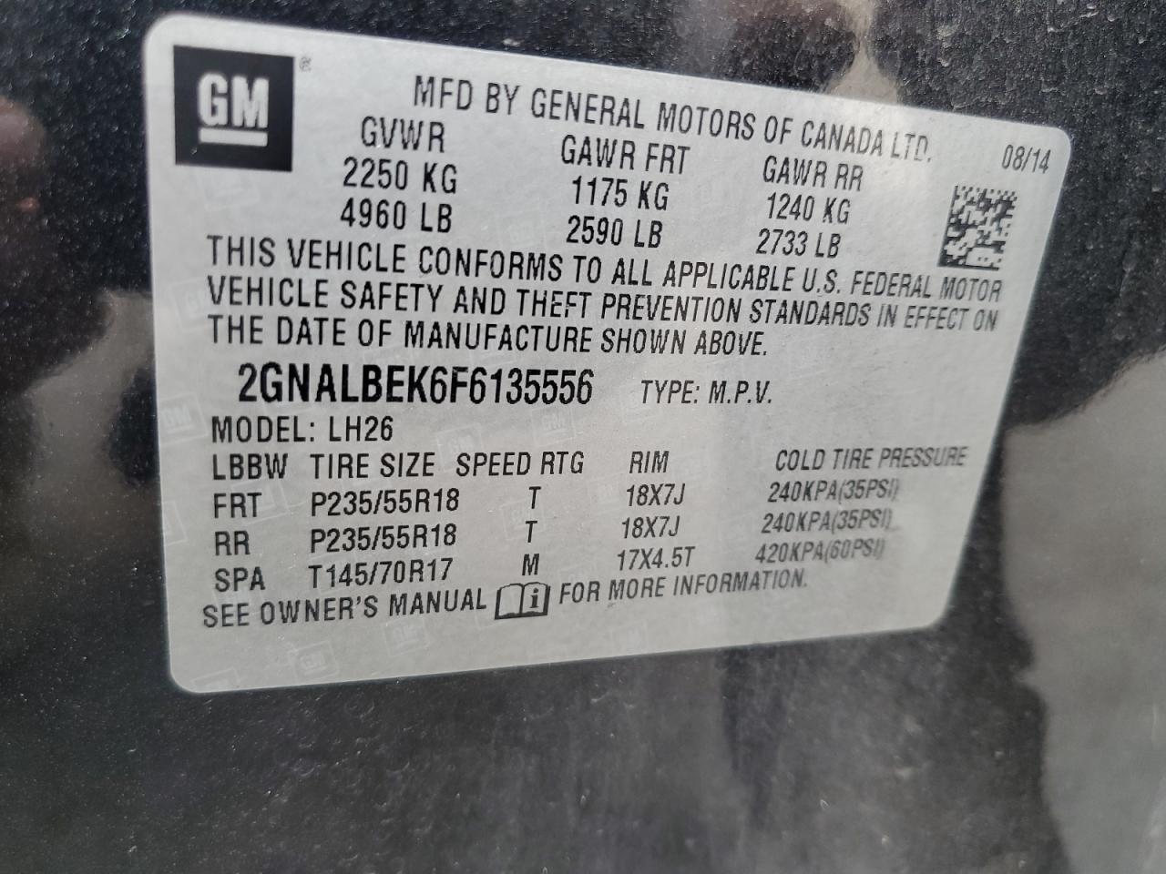 VIN 2GNALBEK6F6135556 2015 CHEVROLET EQUINOX no.10