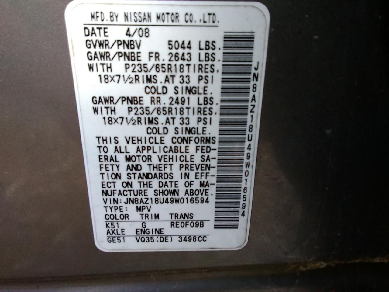 2009 Nissan Murano S VIN: JN8AZ18U49W016594 Lot: 51211191