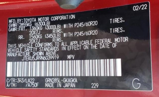 2022 TOYOTA 4RUNNER LI JTEKU5JR9N6039919