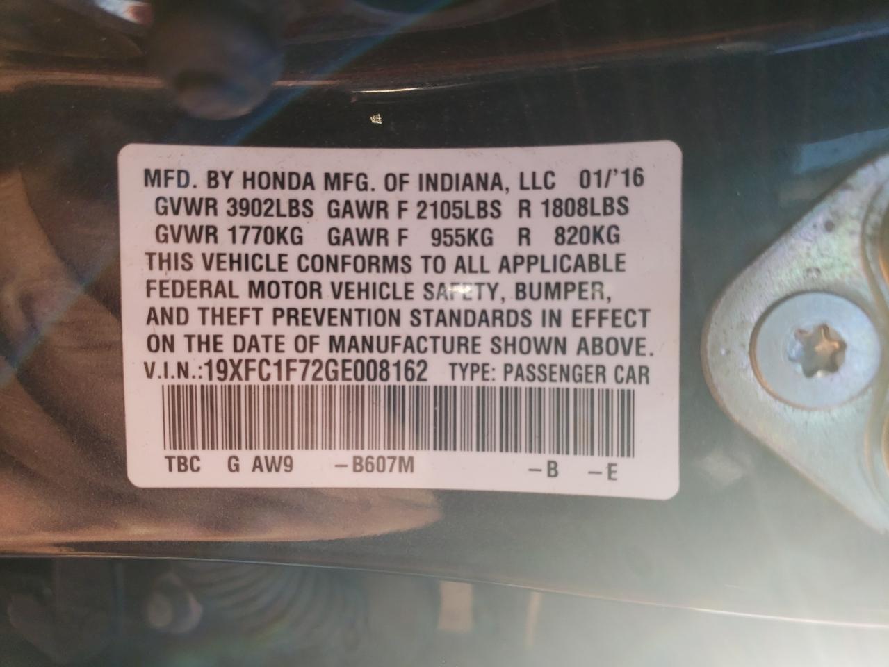 19XFC1F72GE008162 HONDA CIVIC 2016