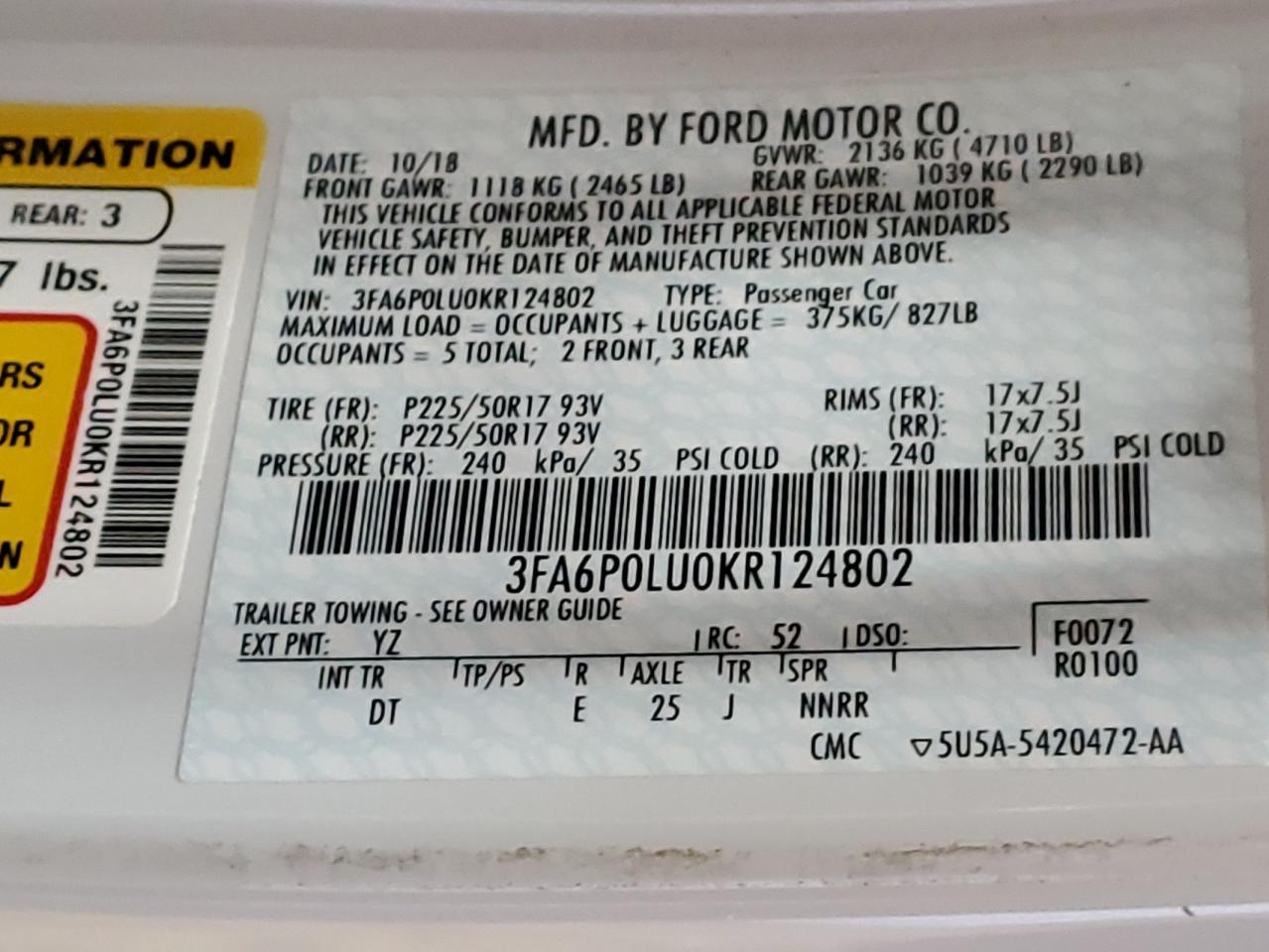 3FA6P0LU0KR124802 FORD FUSION 2019
