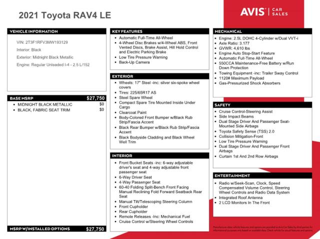 2021 TOYOTA RAV4 LE - 2T3F1RFV3MW193129