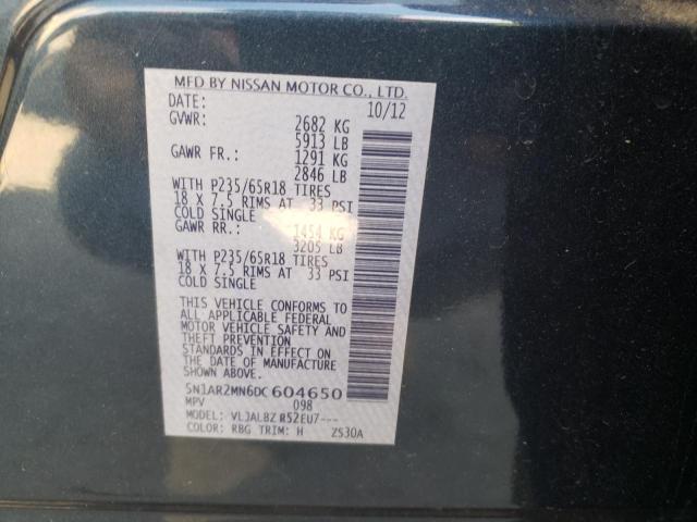 VIN: 5N1AR2MN6DC604650 Auction: COPART Lot: 65417332 Location: TN - NASHVILLE 5N1AR2MN6DC604650 NISSAN PATHFINDER 2013 BLUE Photo 10