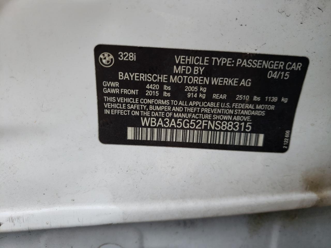 2015 BMW 328 I VIN: WBA3A5G52FNS88315 Lot: 65200592