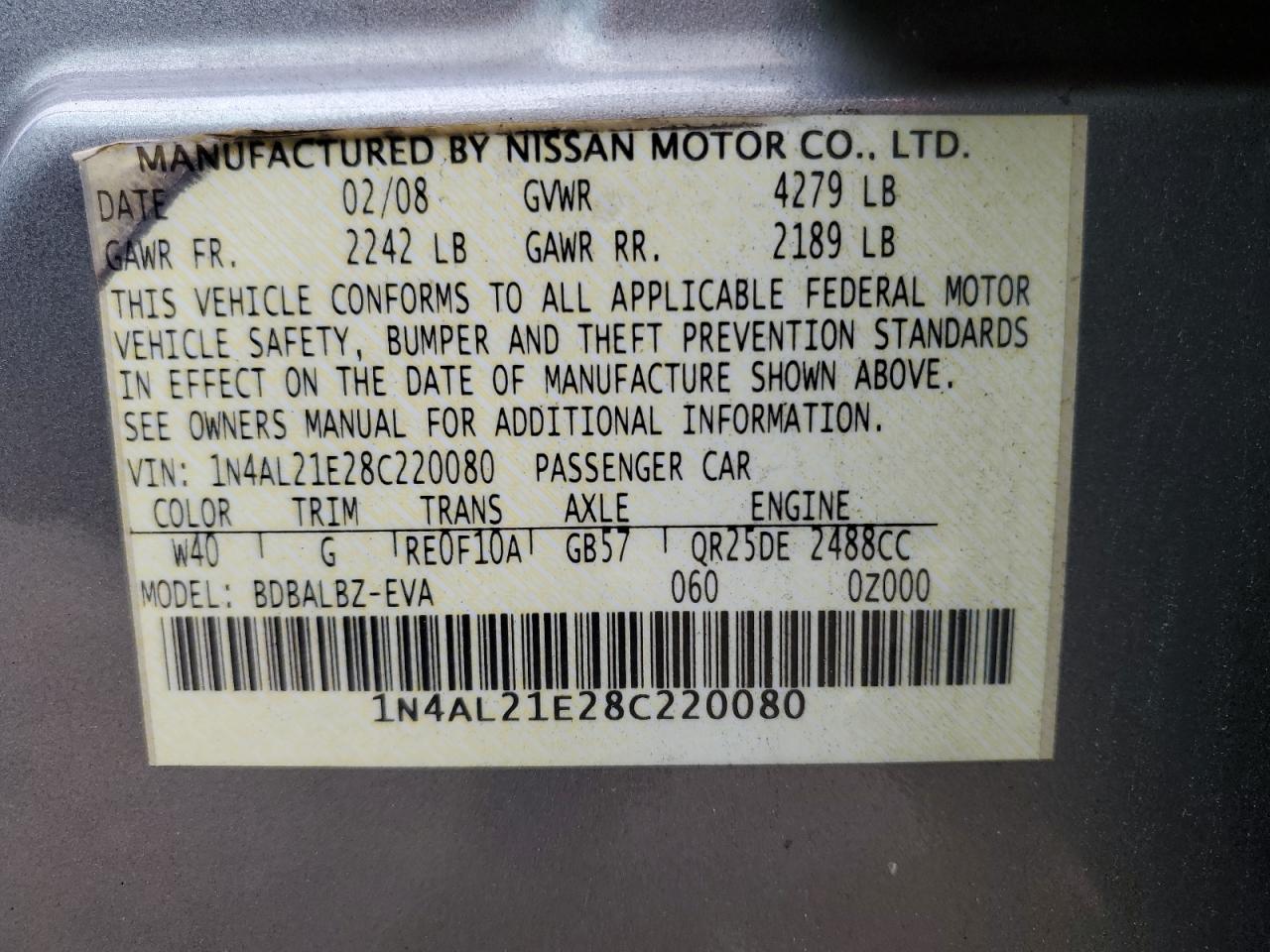 1N4AL21E28C220080 2008 Nissan Altima 2.5