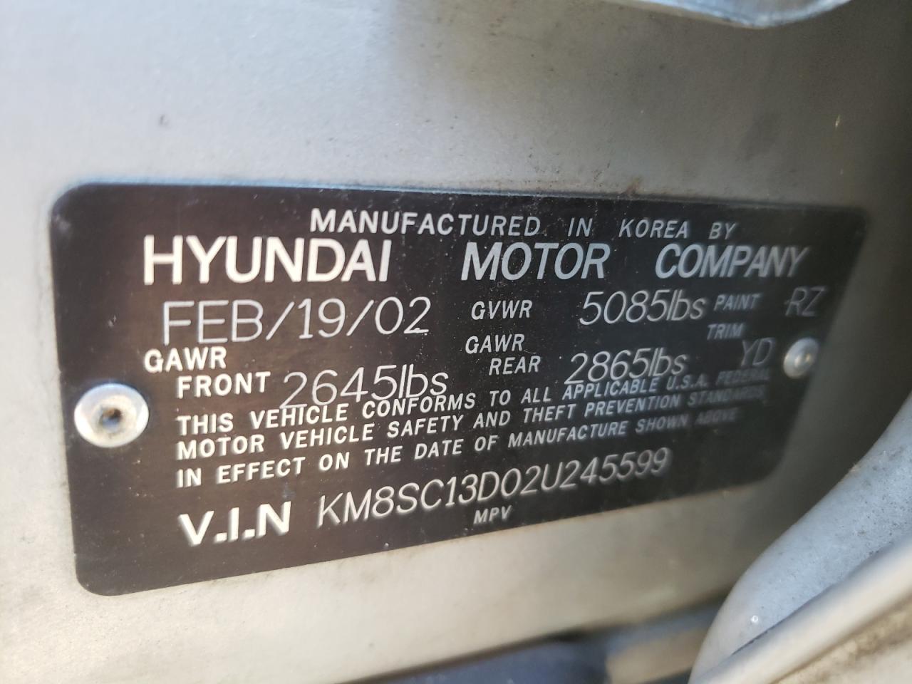 2002 Hyundai Santa Fe Gls VIN: KM8SC13D02U245599 Lot: 57620055