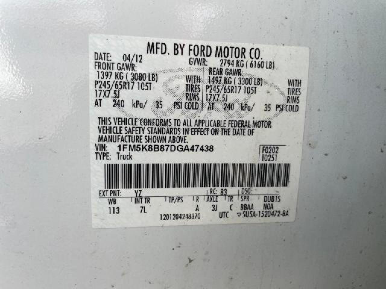 2013 Ford Explorer VIN: 1FM5K8B87DGA47438 Lot: 66010212