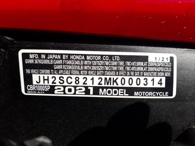 2021 HONDA CBR1000 SP JH2SC8212MK000314