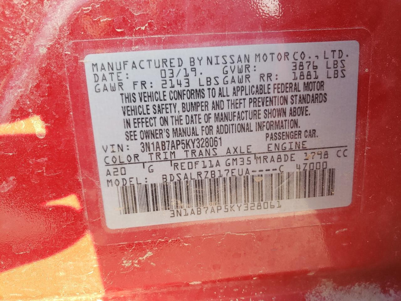 3N1AB7AP5KY328061 NISSAN SENTRA 2019