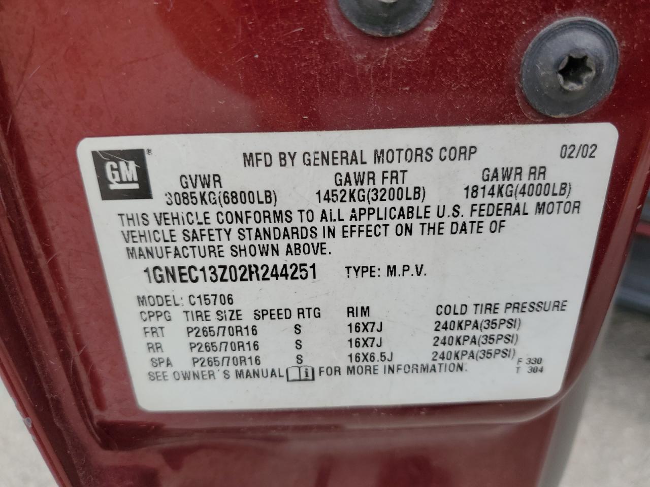 1GNEC13Z02R244251 2002 Chevrolet Tahoe C1500