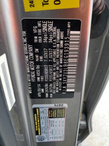 VIN: 5XYZU3LB8EG193915 Auction: COPART Lot: 65354862 Location: TN - NASHVILLE 5XYZU3LB8EG193915 HYUNDAI SANTA FE 2014 CHARCOAL Photo 10