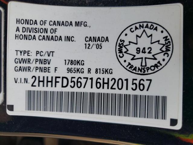 2HHFD56716H201567 Acura Csx Premium
