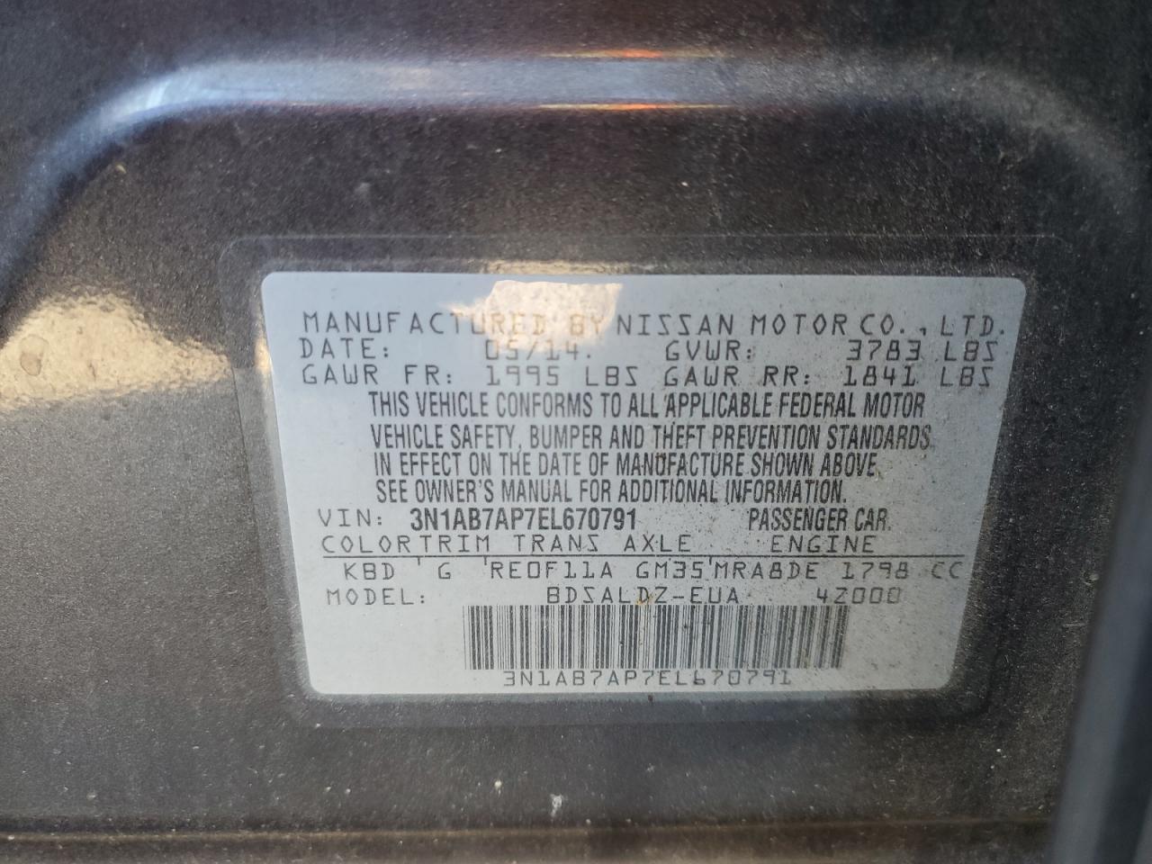 3N1AB7AP7EL670791 2014 Nissan Sentra S