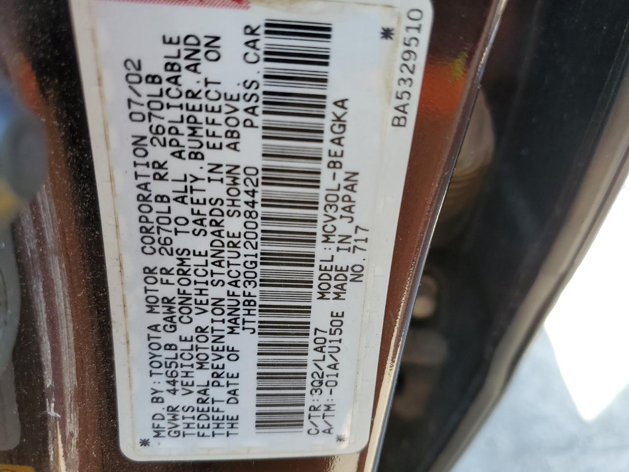 2002 Lexus Es 300 VIN: JTHBF30G120084420 Lot: 83067024