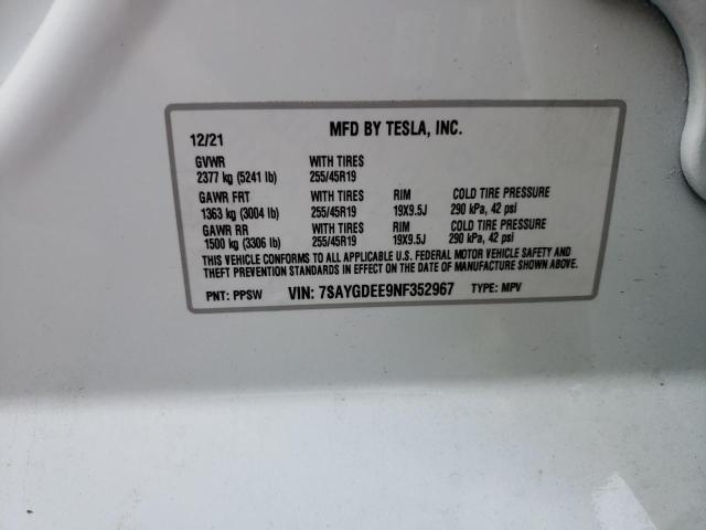 2022 TESLA Y 7SAYGDEE9NF352967