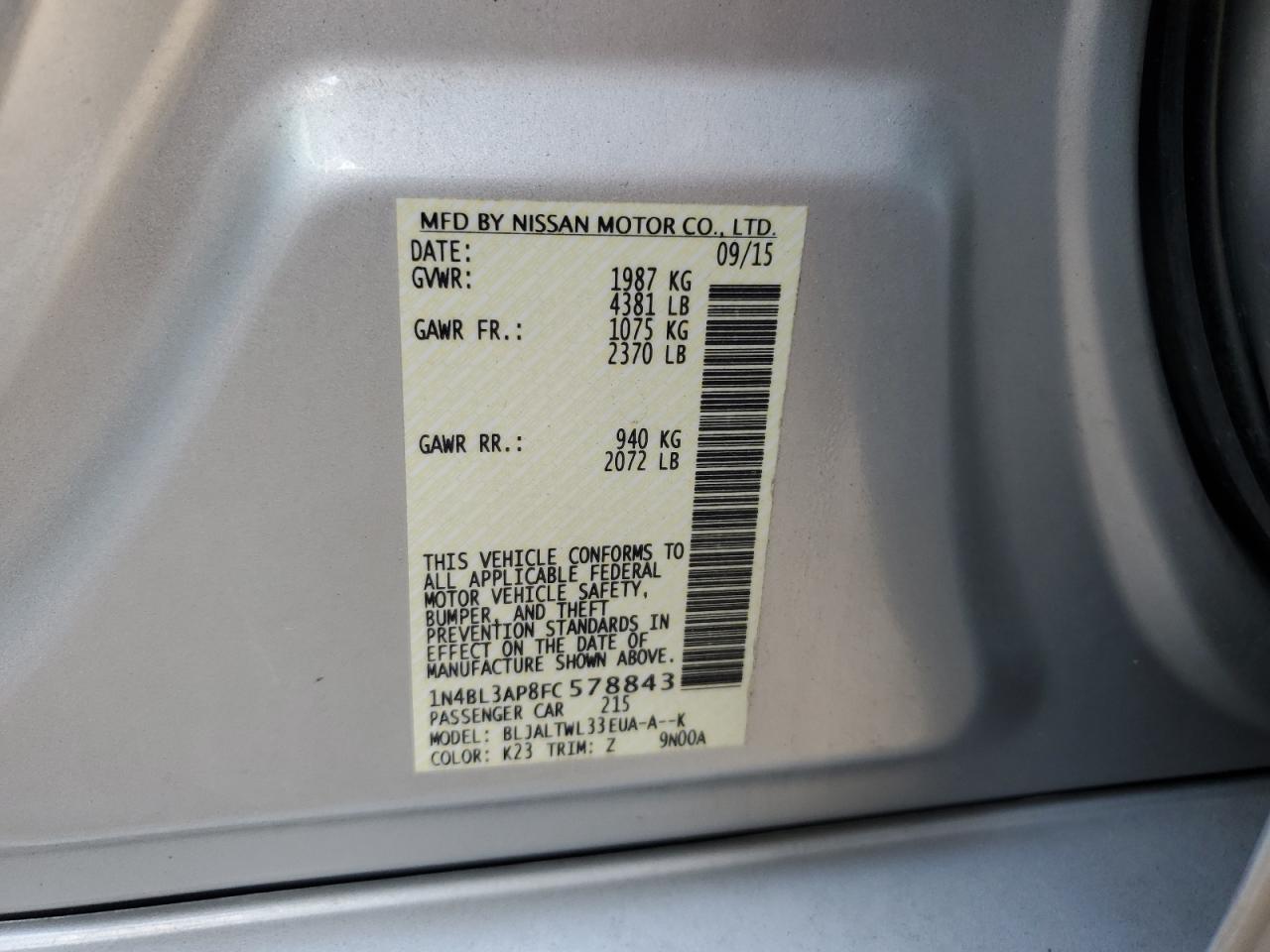 1N4BL3AP8FC578843 2015 Nissan Altima 3.5S