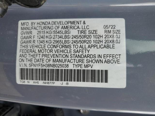 2022 HONDA PILOT SPOR 5FNYF5H38NB025038