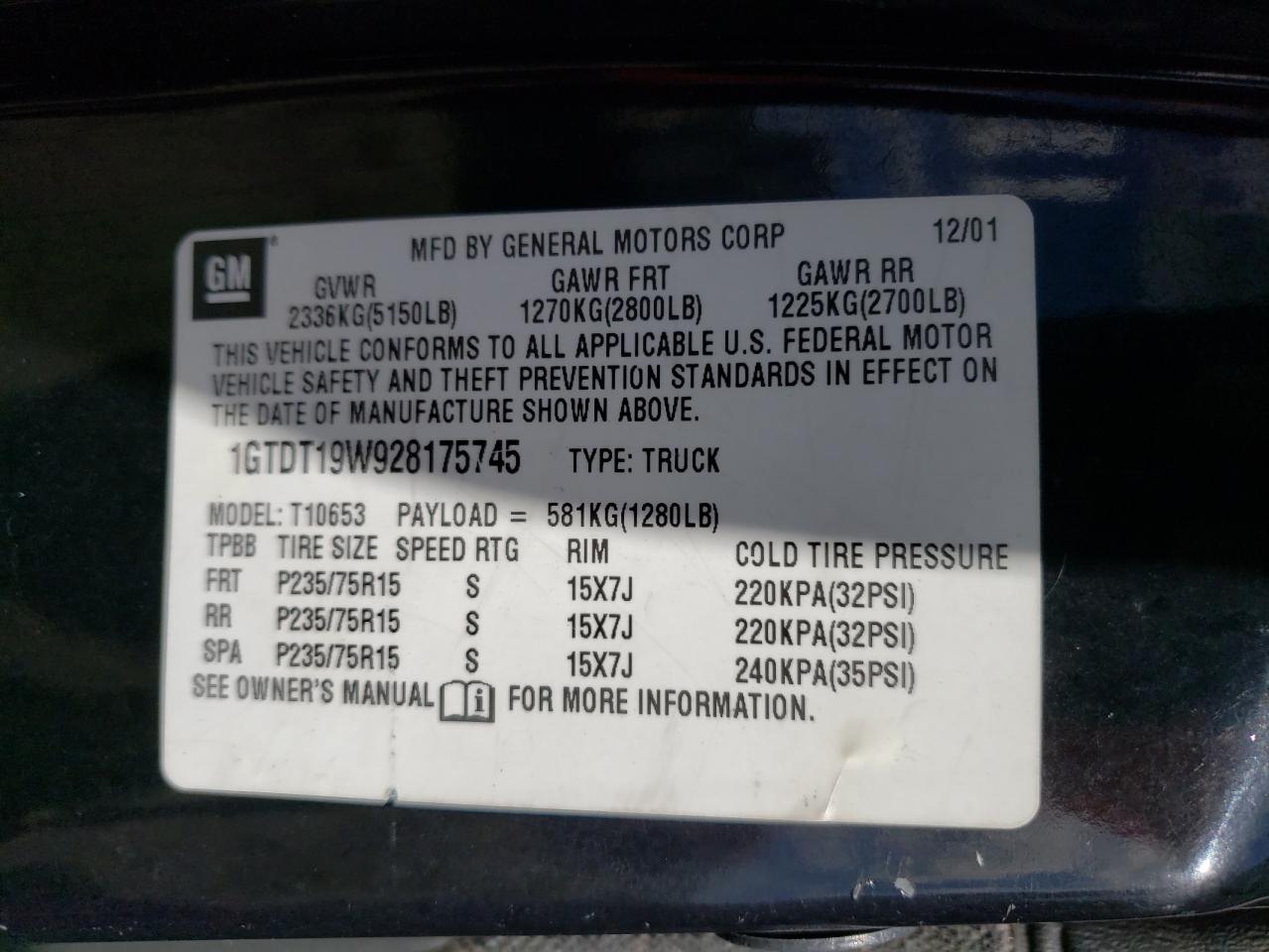 1GTDT19W928175745 2002 GMC Sonoma