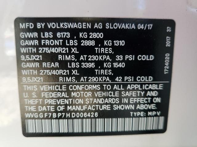 2017 VOLKSWAGEN TOUAREG EX WVGGF7BP7HD006426