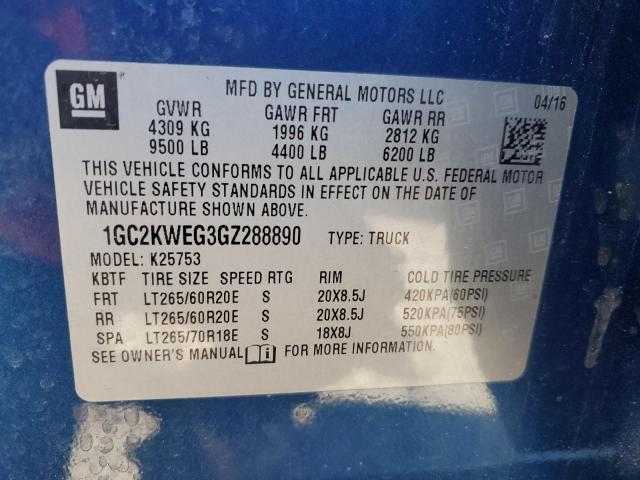 2016 CHEVROLET SILVERADO - 1GC2KWEG3GZ288890