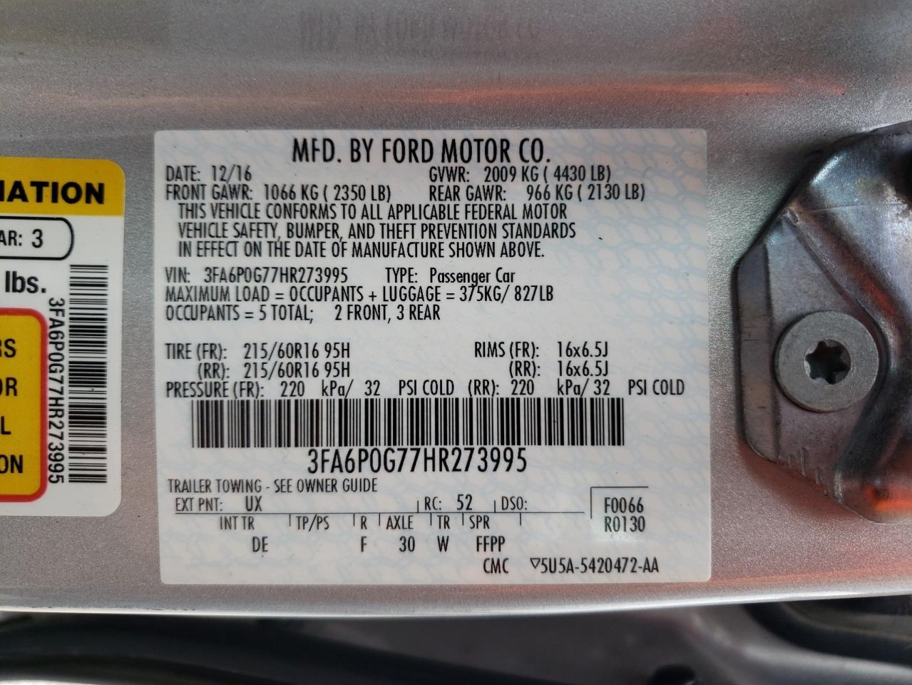 3FA6P0G77HR273995 2017 Ford Fusion S