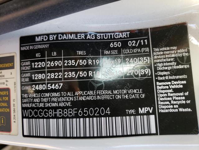 VIN: WDCGG8HB8BF650204 Auction: COPART Lot: 65752872 Location: CT - HARTFORD WDCGG8HB8BF650204 MERCEDES-BENZ GLK-CLASS 2011 WHITE Photo 10