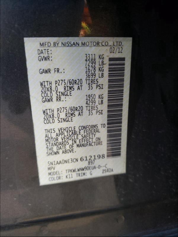 2012 NISSAN ARMADA SV 5N1AA0NE3CN612198