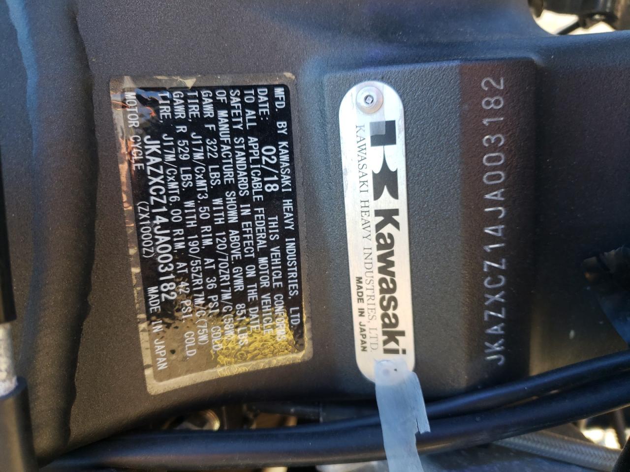 2018 Kawasaki ZX1000 Z for sale at Copart Marlboro, NY. Lot #64091 