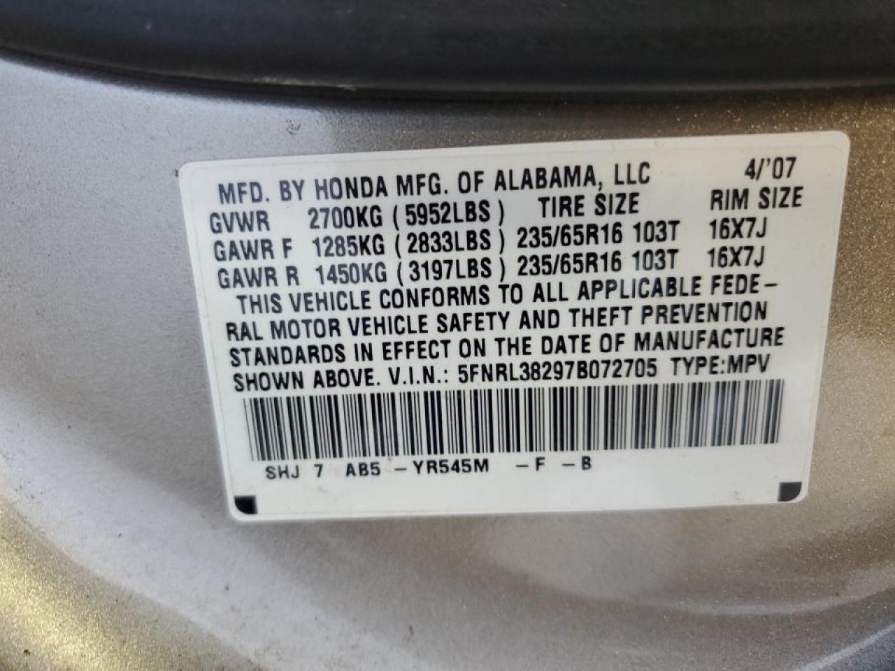 5FNRL38297B072705 2007 Honda Odyssey Lx