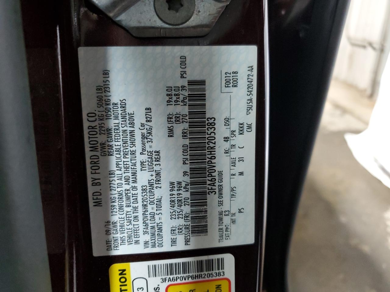 3FA6P0VP6HR205383 FORD FUSION 2017