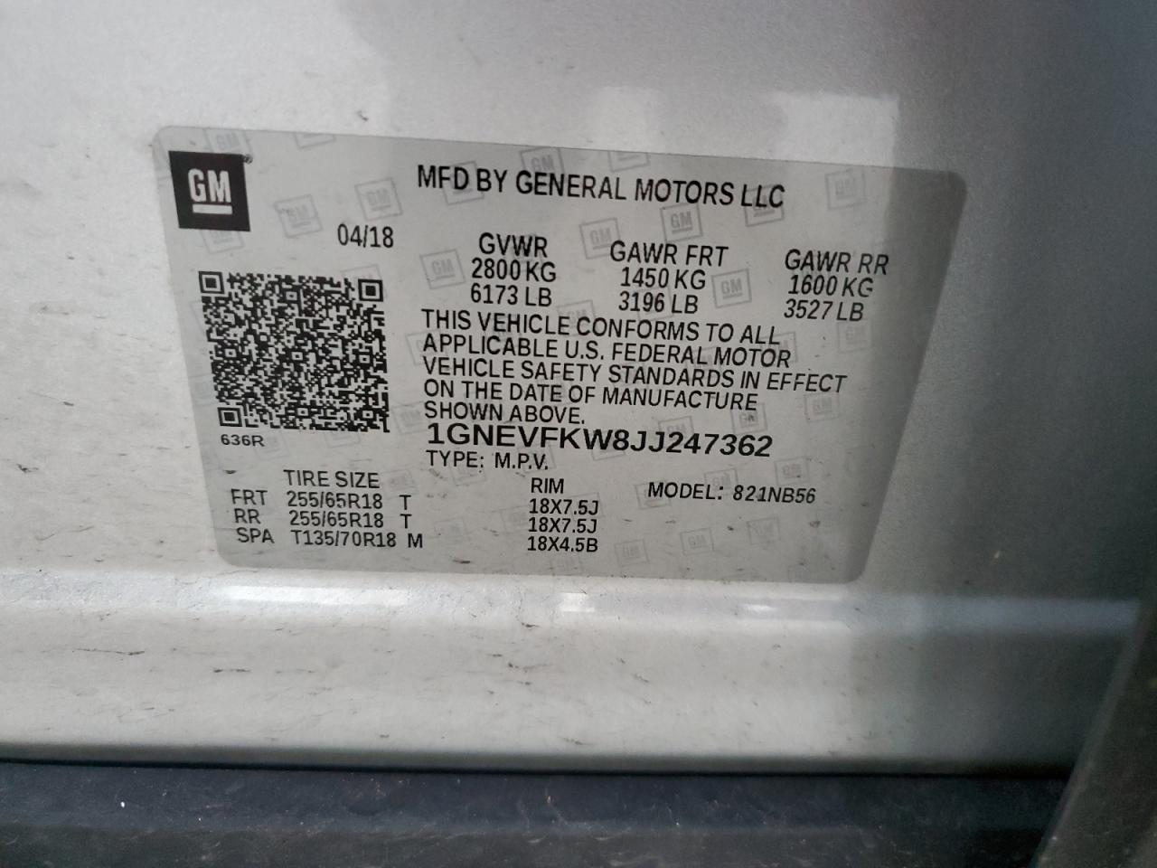 1GNEVFKW8JJ247362 CHEVROLET TRAVERSE 2018