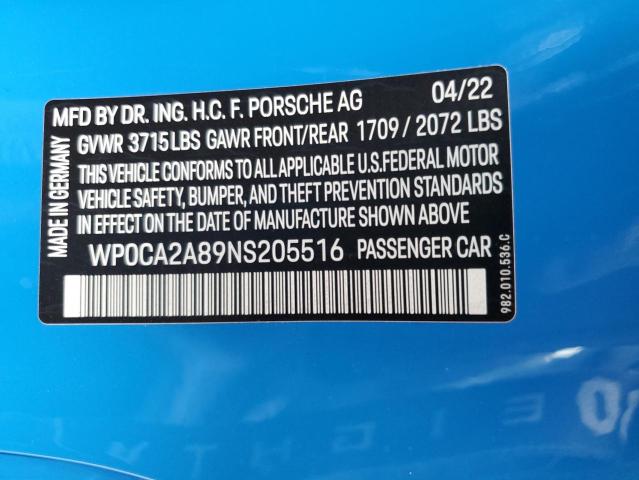2022 PORSCHE BOXSTER BA WP0CA2A89NS205516