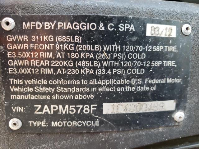 2012 PIAGGIO SCOOTER ZAPM578F1C4000489