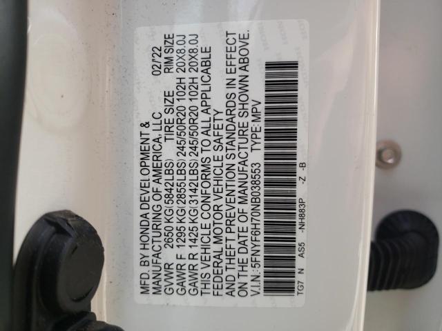 2022 HONDA PILOT BLAC 5FNYF6H70NB038553