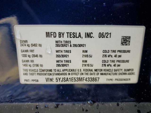 2021 TESLA MODEL S - 5YJSA1E53MF433867