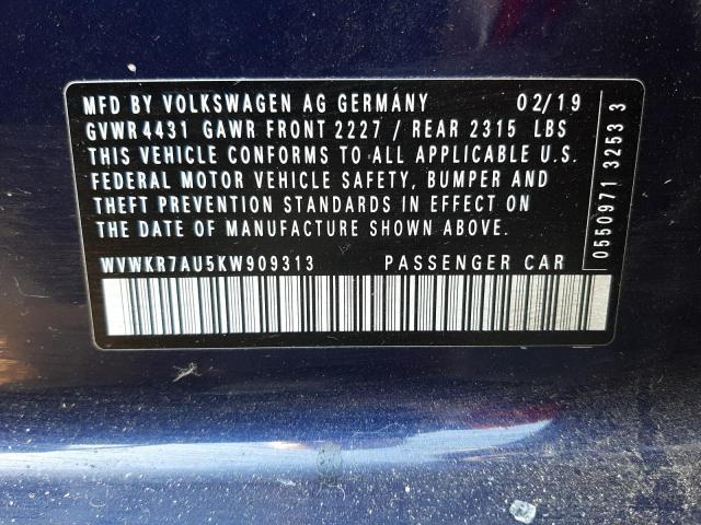 2019 VOLKSWAGEN E-GOLF SE WVWKR7AU5KW909313