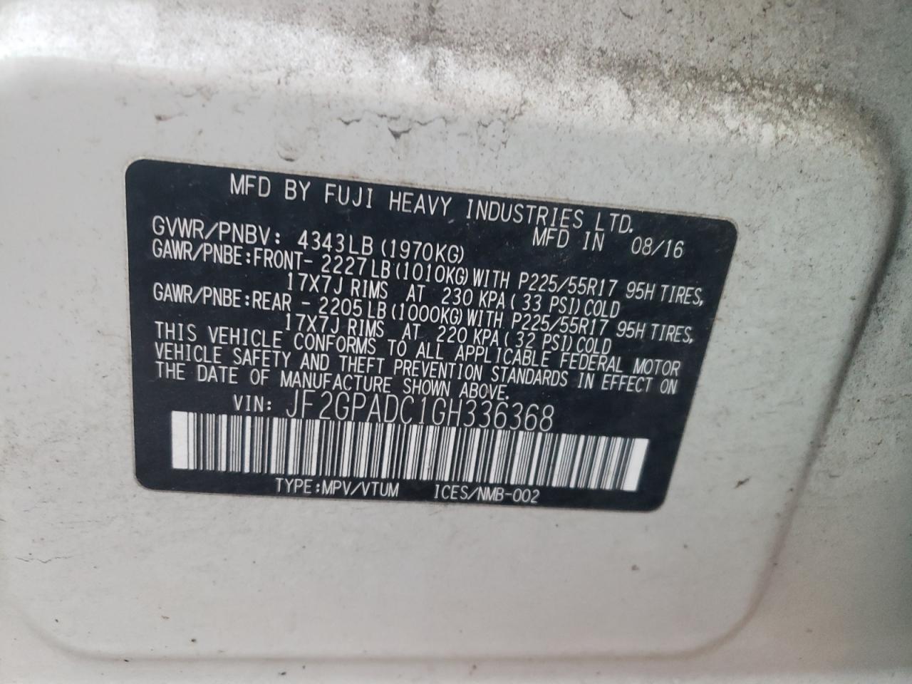 2016 Subaru Crosstrek Premium VIN: JF2GPADC1GH336368 Lot: 67400642