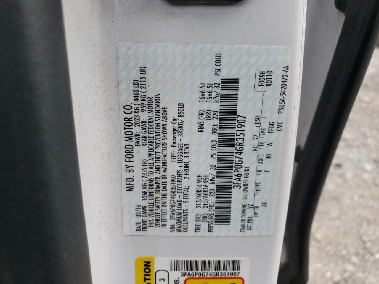 3FA6P0G74GR351907 FORD FUSION 2016