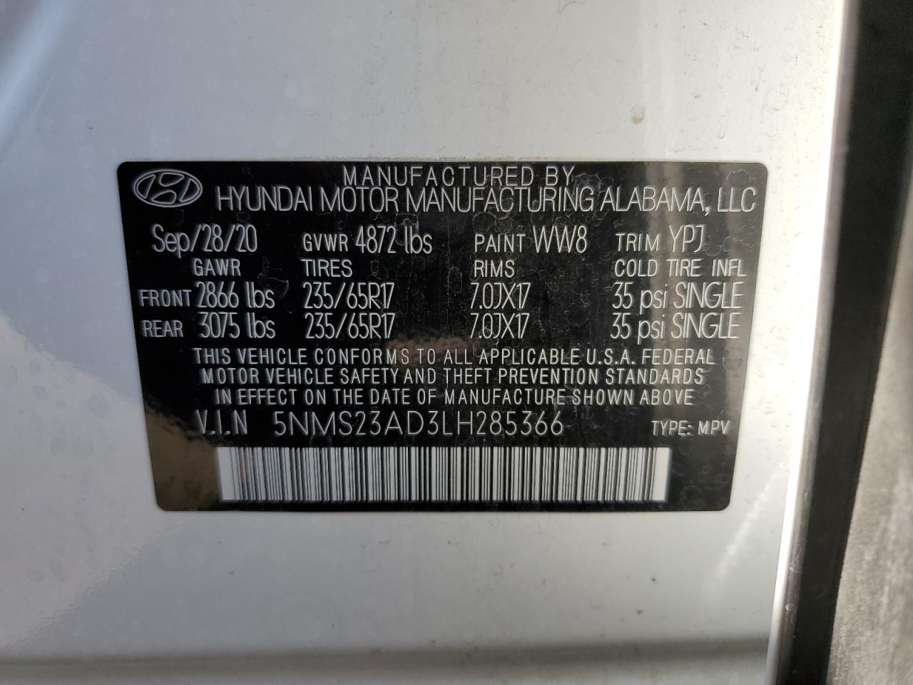 5NMS23AD3LH285366 2020 Hyundai Santa Fe Se