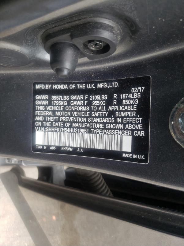 SHHFK7H54HU219651 2017 Honda Civic Ex 1.5L