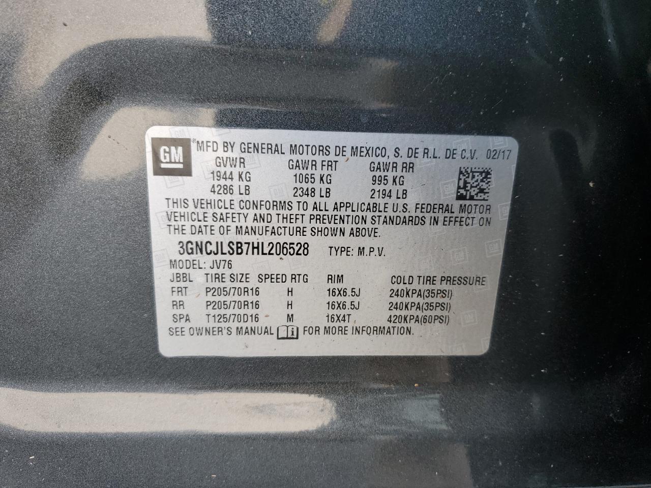 3GNCJLSB7HL206528 CHEVROLET TRAX 2017