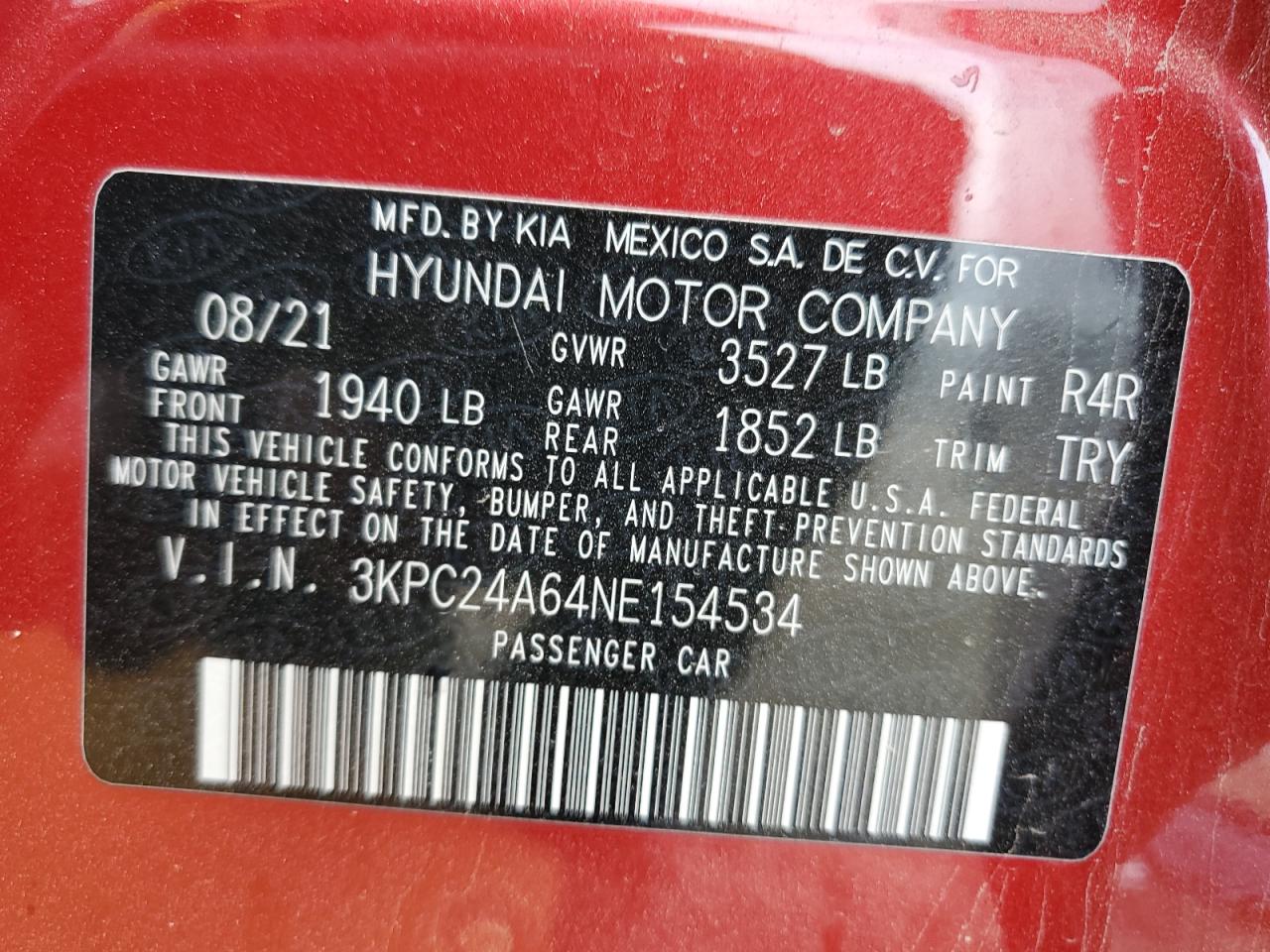 3KPC24A64NE154534 2022 Hyundai Accent Se