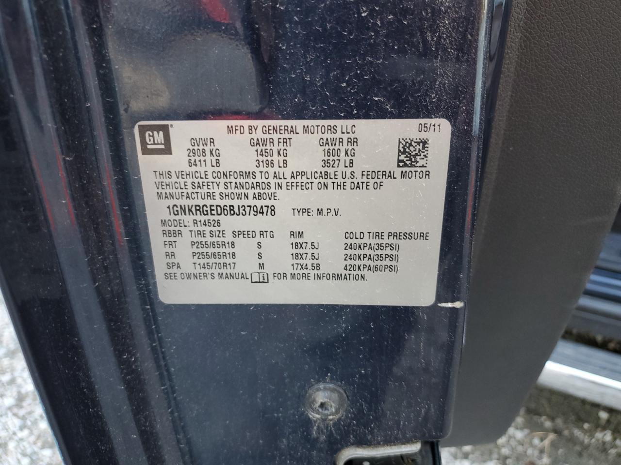 2011 Chevrolet Traverse Lt VIN: 1GNKRGED6BJ379478 Lot: 61989894