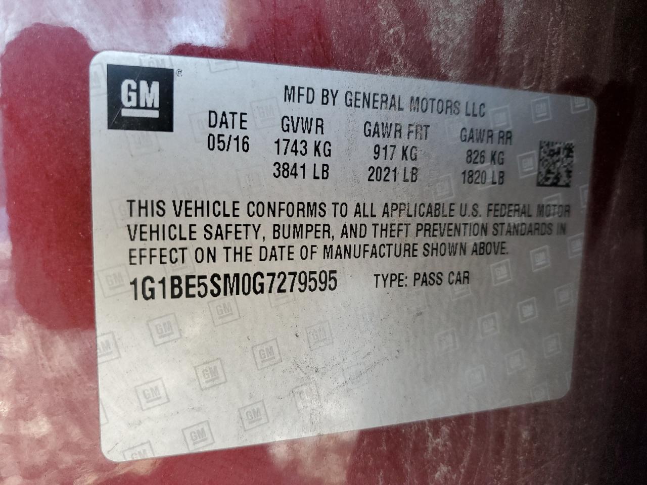 1G1BE5SM0G7279595 CHEVROLET CRUZE 2016