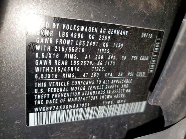 2016 VOLKSWAGEN TIGUAN S - WVGBV7AX3GW531081